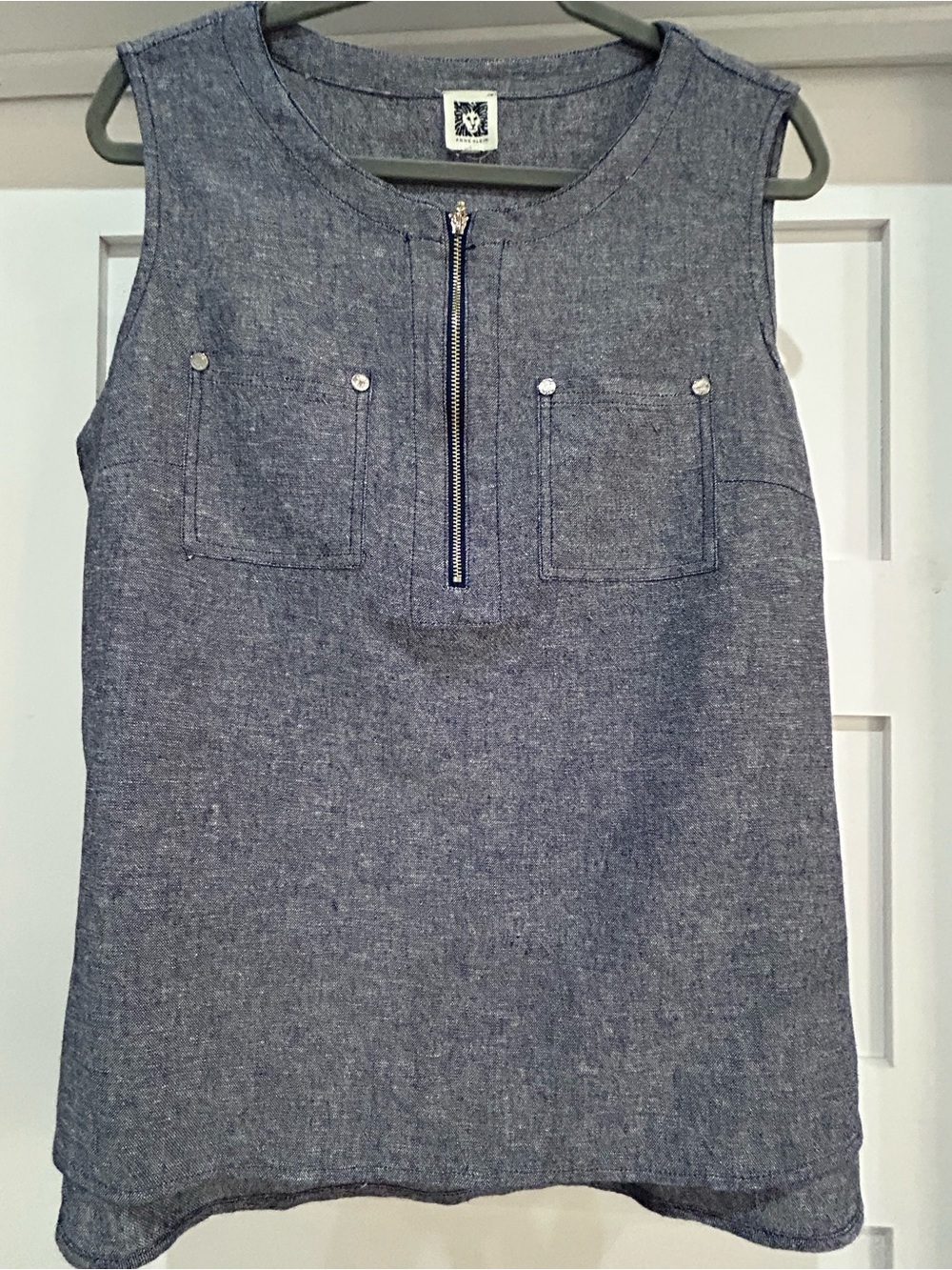 ANNE KLEIN size Xl Sleeveless Zip Front Linen Top - Blue